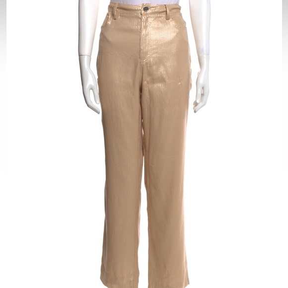 STAUD Gold Sequin Cream Straight Leg Trousers - Picture 1 of 10